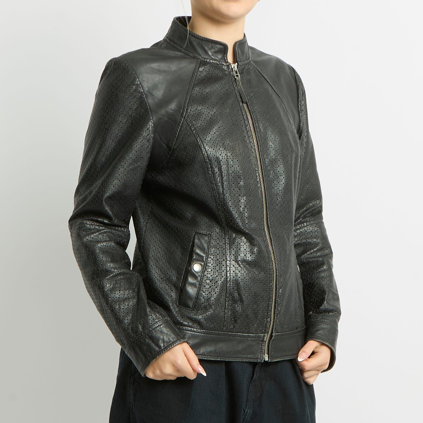 Leather Textured Detail Biker Jacket - UK 12