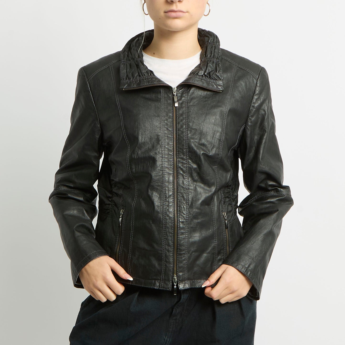 Leather Ruffle Detail Duo Zip Jacket - UK 12