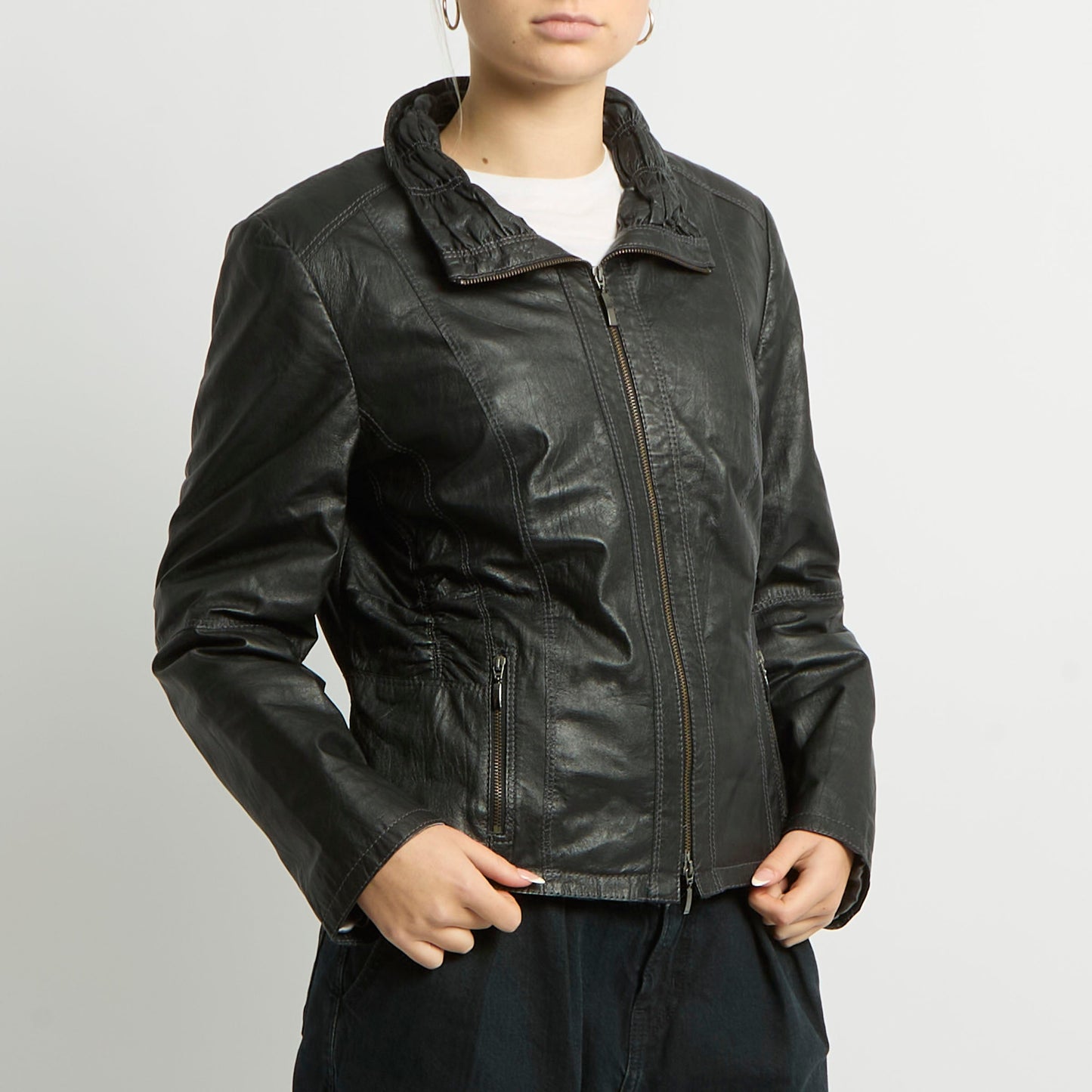 Leather Ruffle Detail Duo Zip Jacket - UK 12