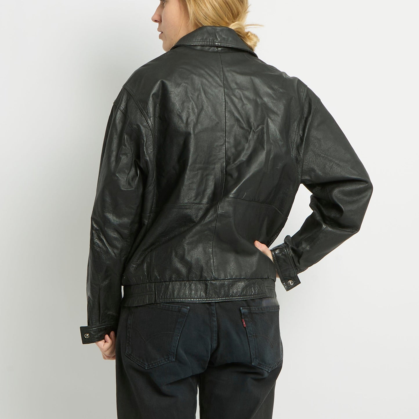 Popper Detail Leather Jacket - UK 12