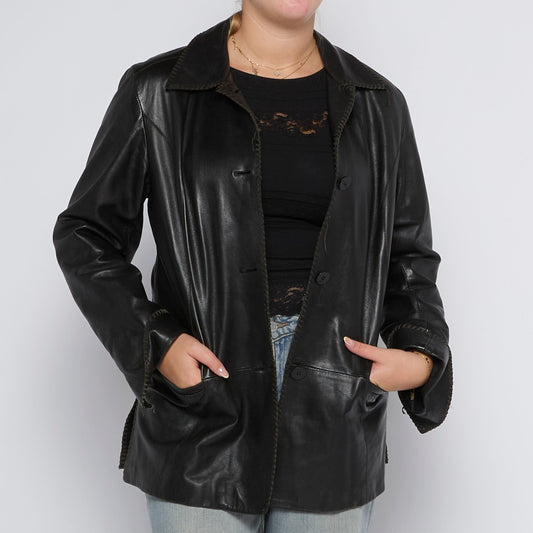 Collared Thread Detail Leather Jacket - UK 12