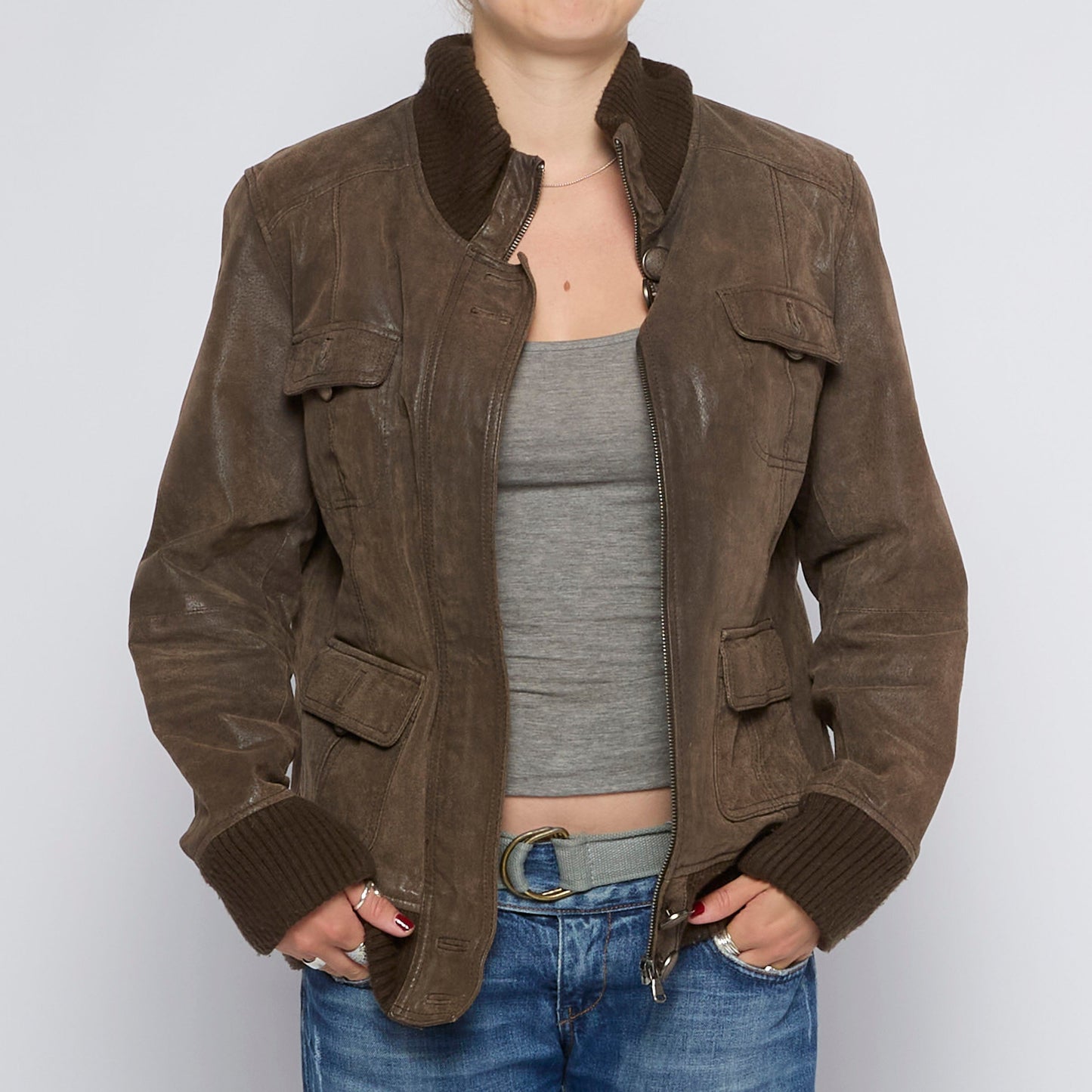 Ribbed Collar Leather Jacket - UK 12