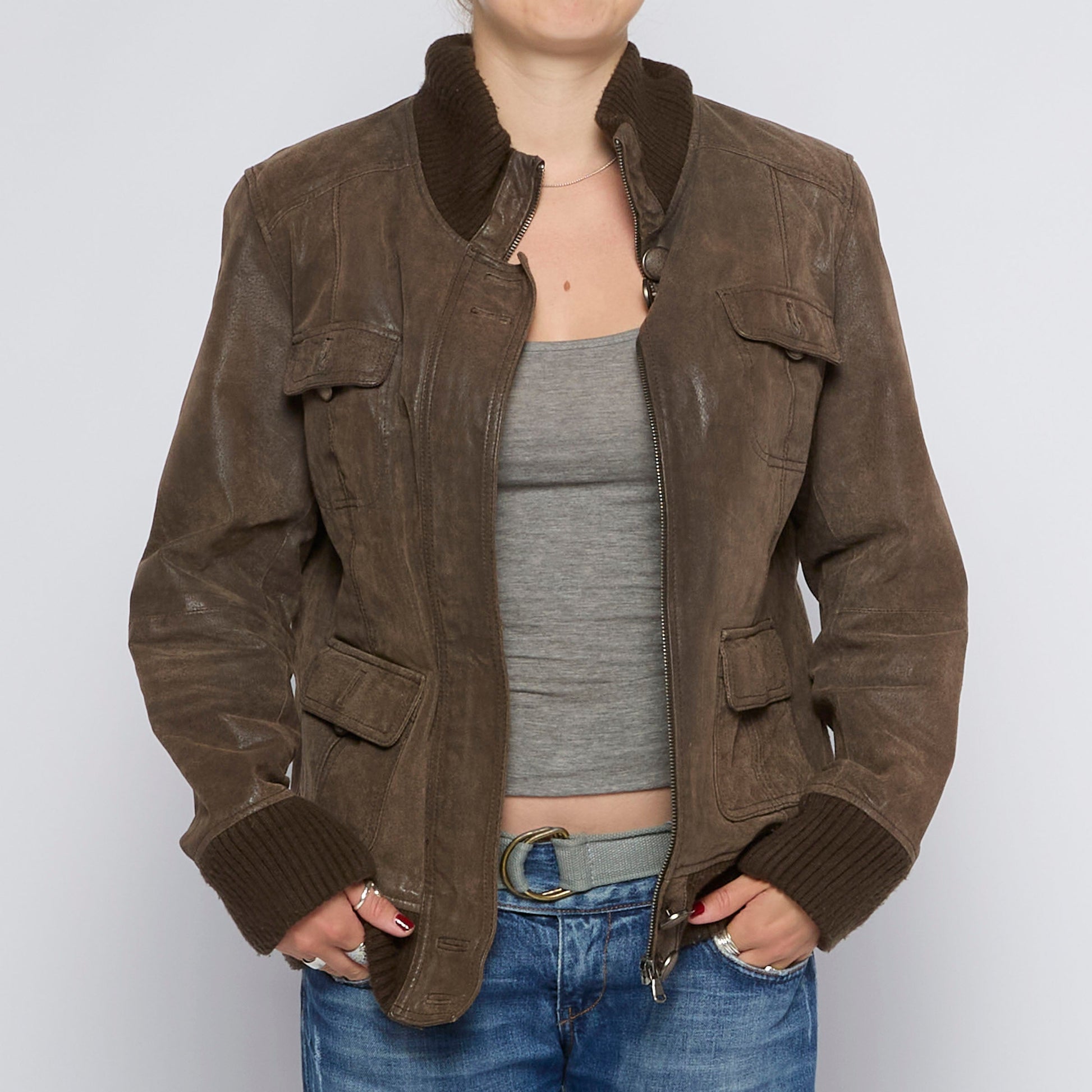 Ribbed Collar Leather Jacket - UK 12