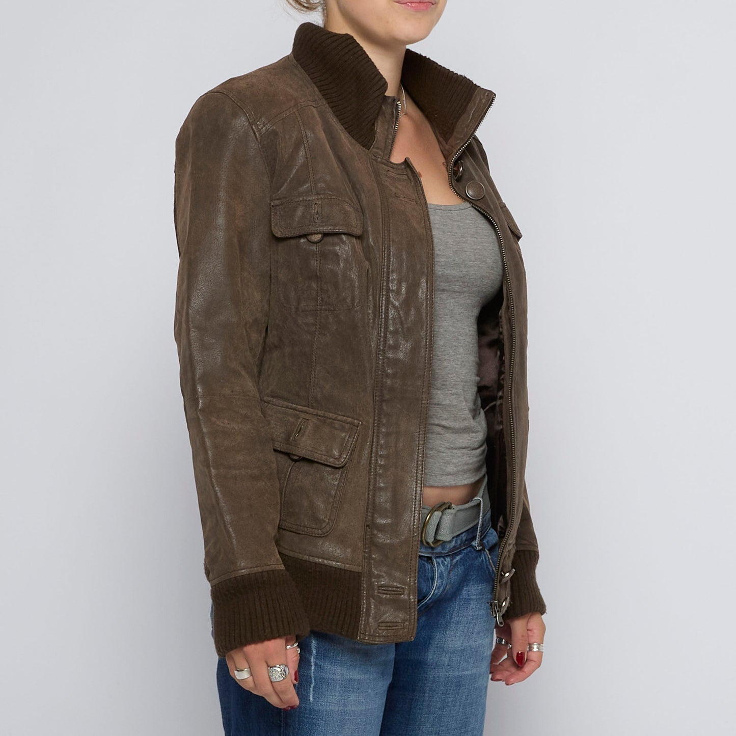 Ribbed Collar Leather Bomber Jacket - UK 12