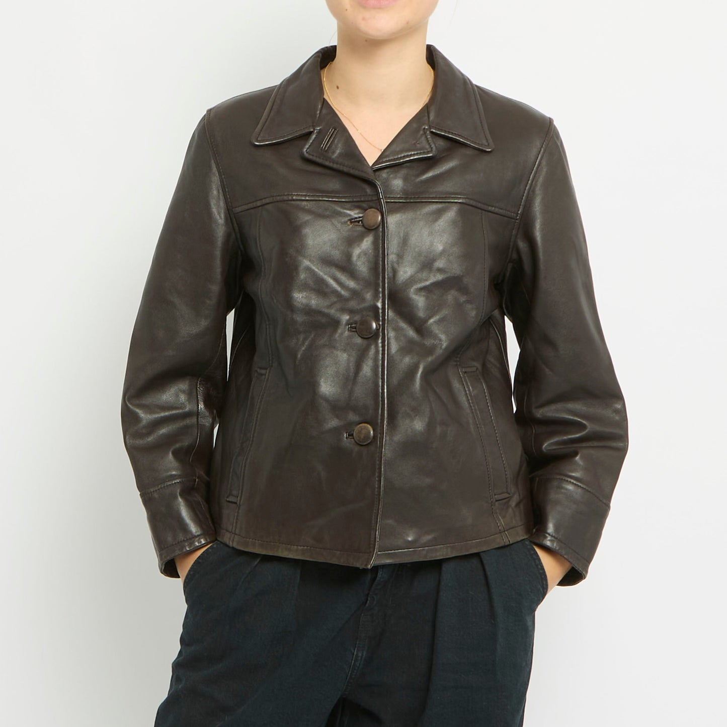 Large Button Detail Faux Leather Blazer -UK 12