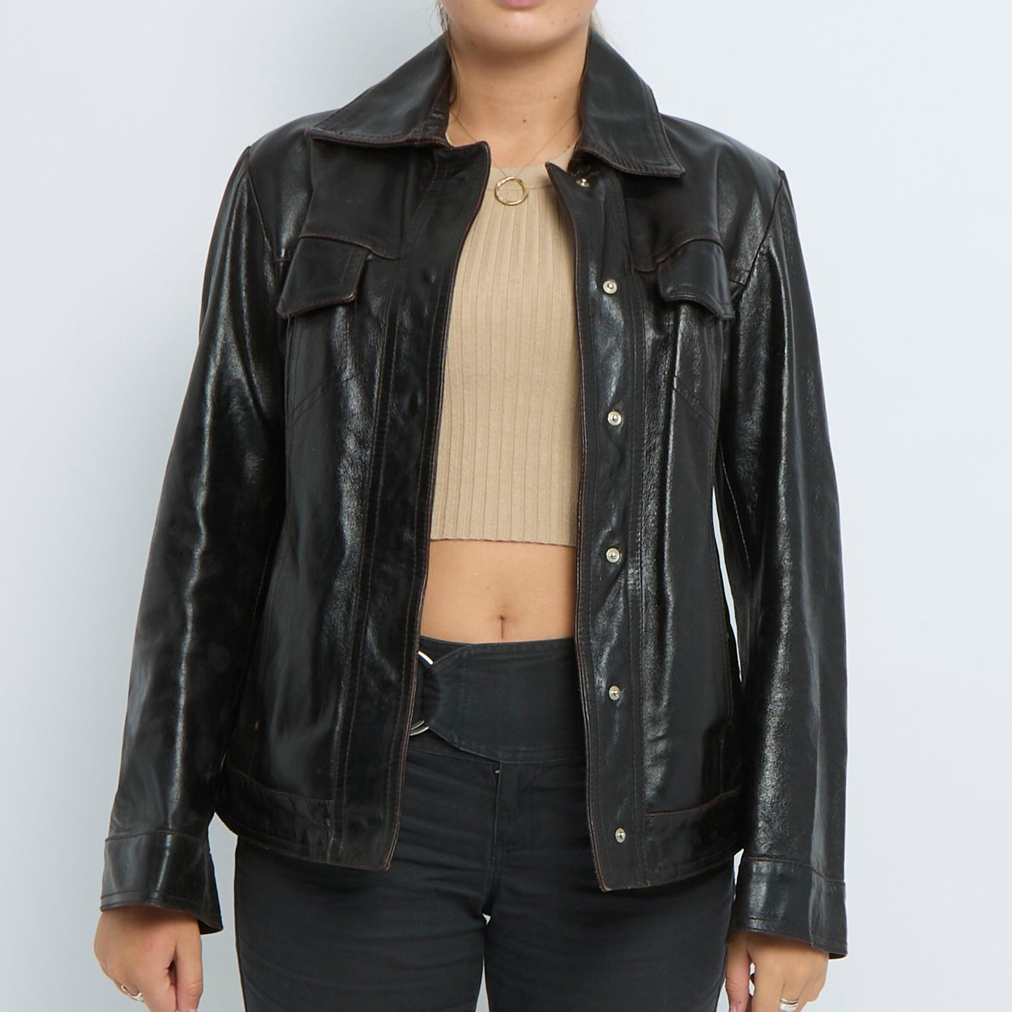 Popper Shiny Leather Jacket - UK 12