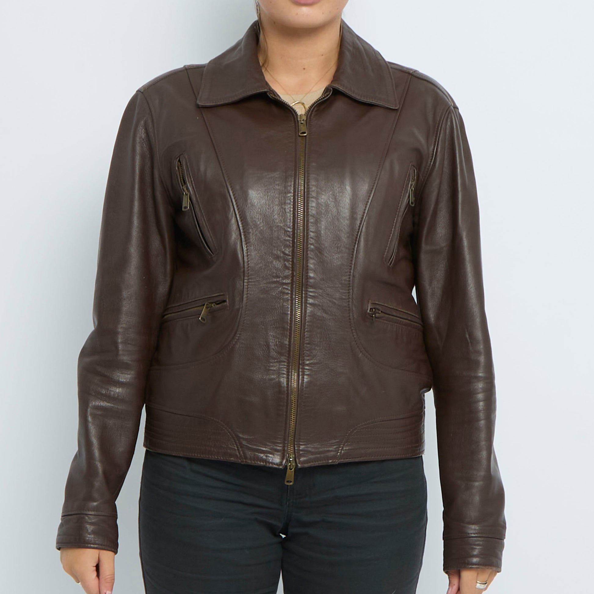 Leather Full Zip Biker Jacket - UK 12