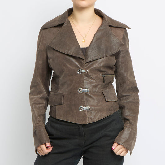 Buckle Detail Leather Jacket - UK 12