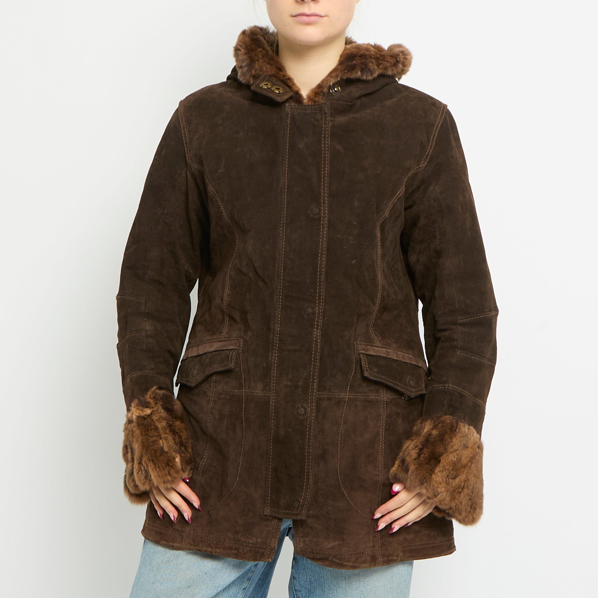 Suede Fur Lined Hooded Jacket - UK 12