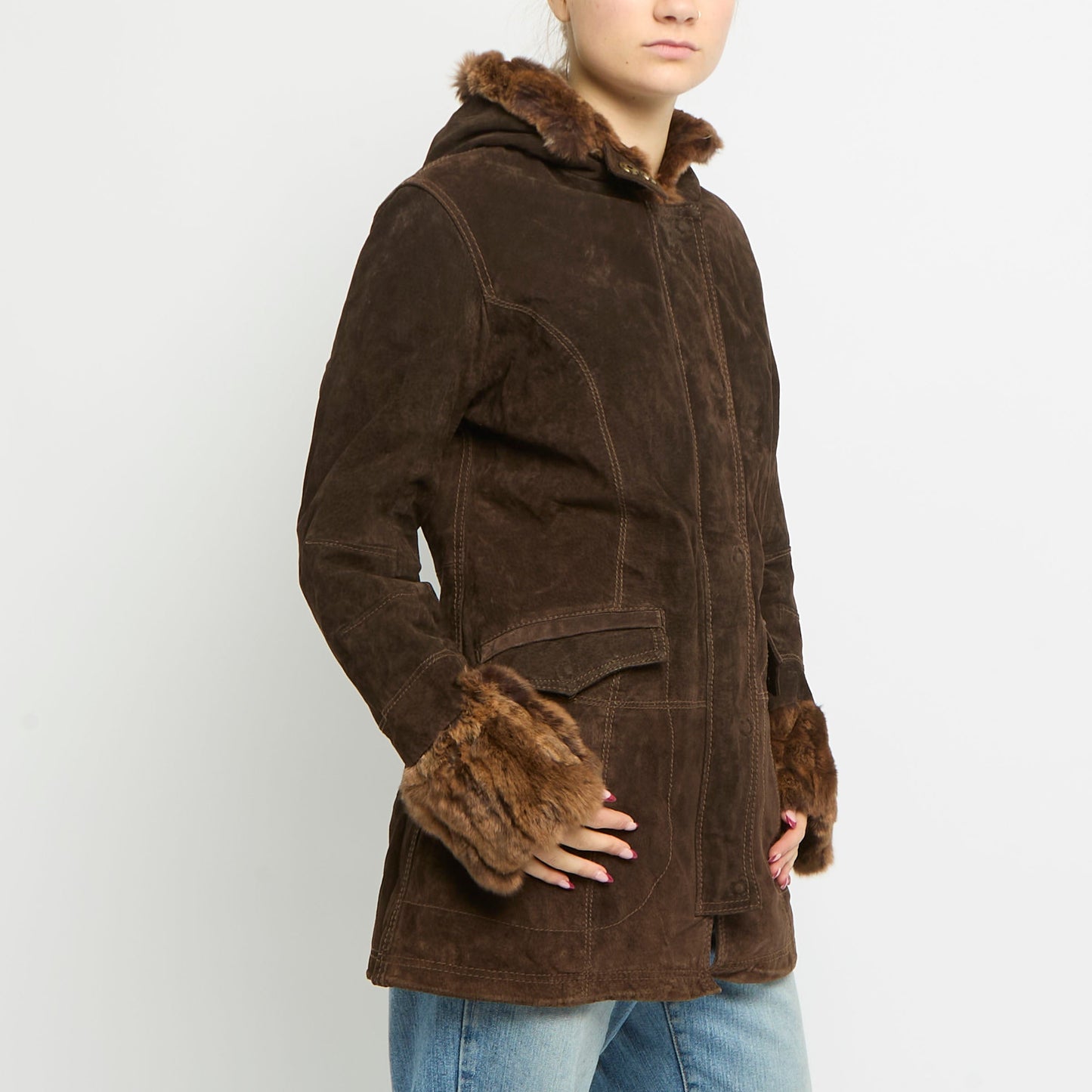 Suede Fur Lined Hooded Jacket - UK 12