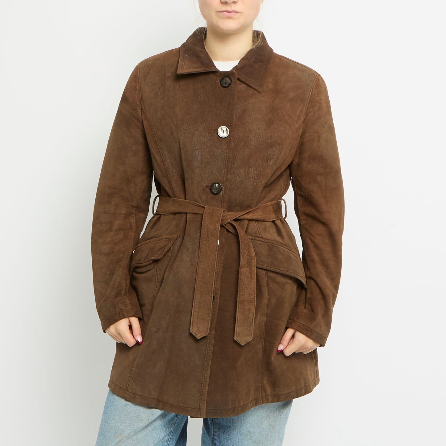 Leather Large Button Trench Coat - UK 12