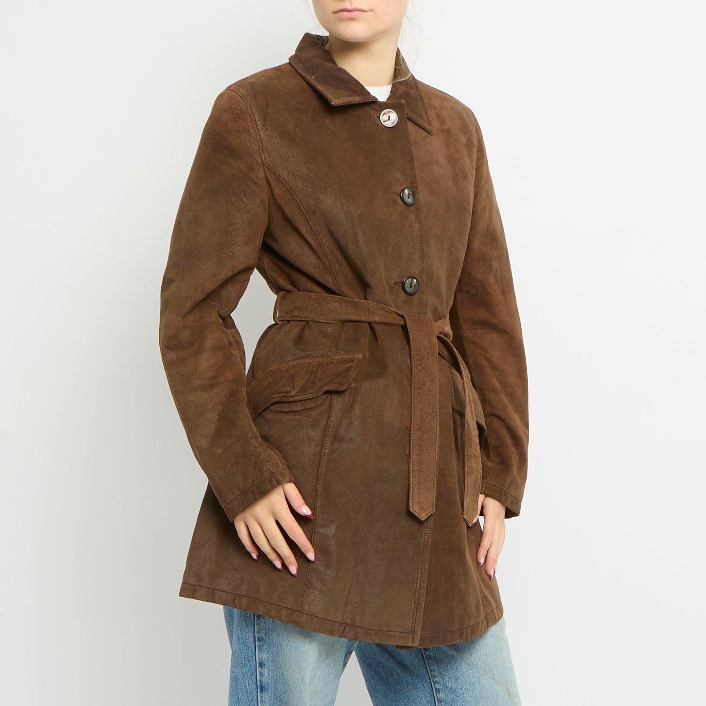 Leather Large Button Trench Coat - UK 12