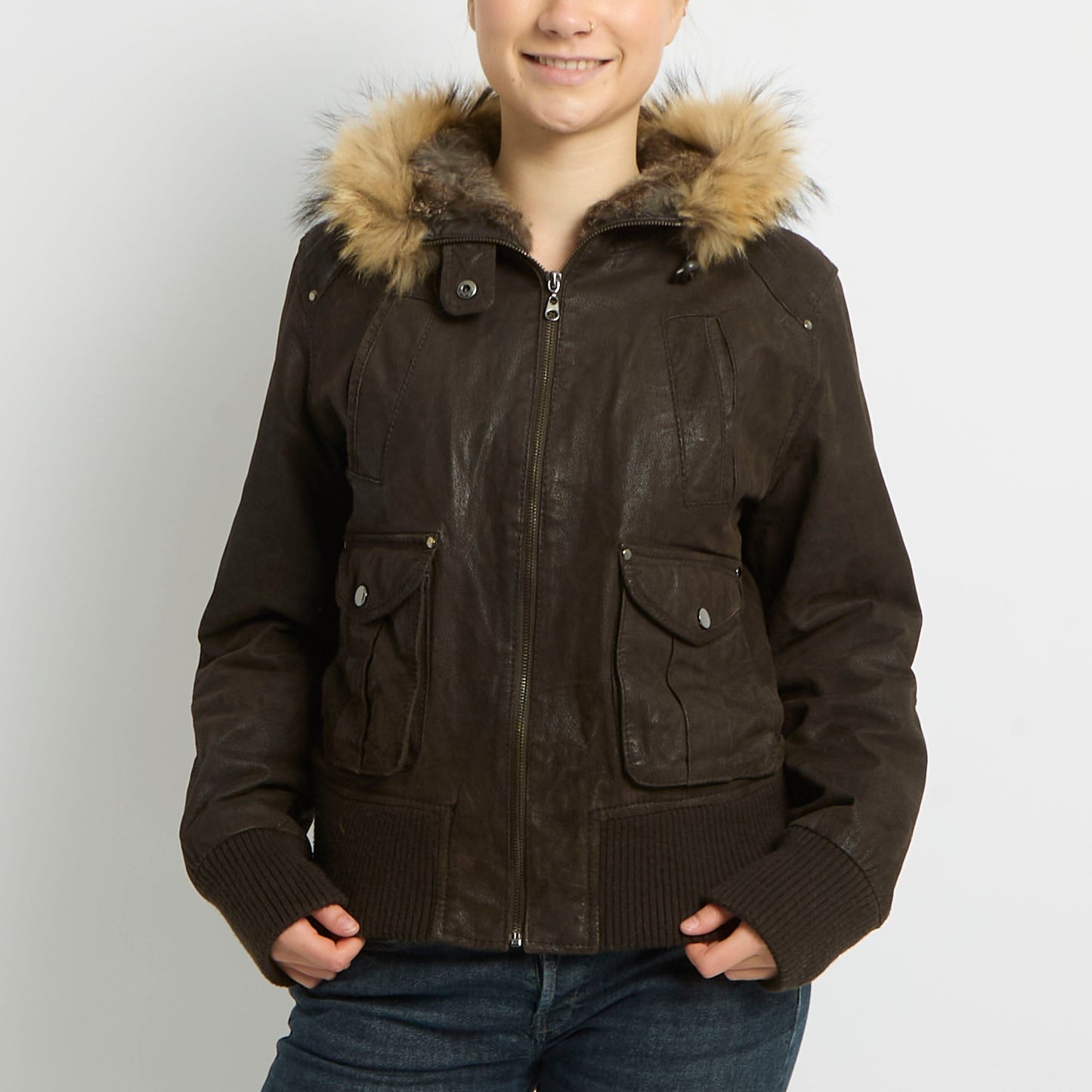 Leather Fur Hood Detail Jacket - UK 12