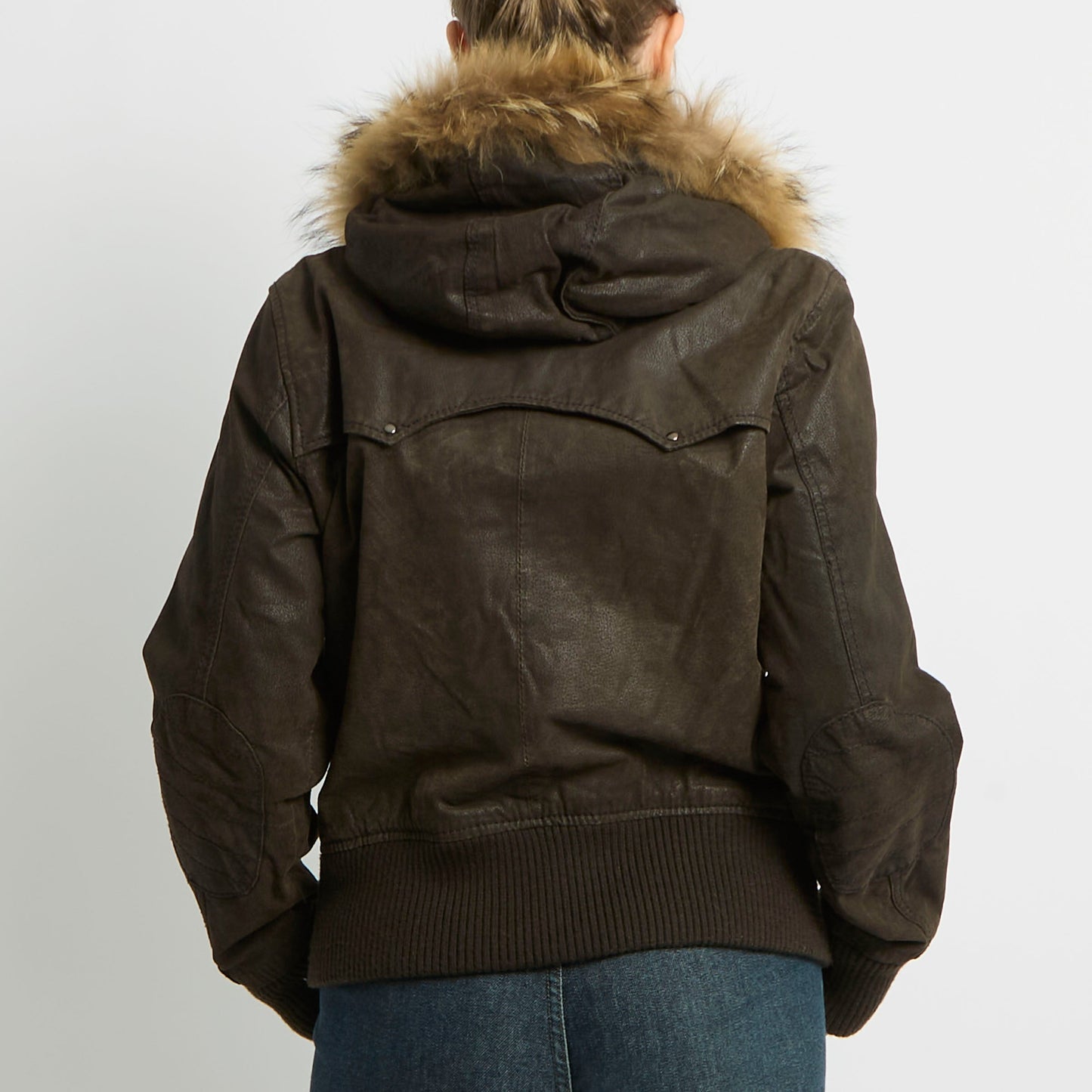 Leather Fur Hood Detail Jacket - UK 12