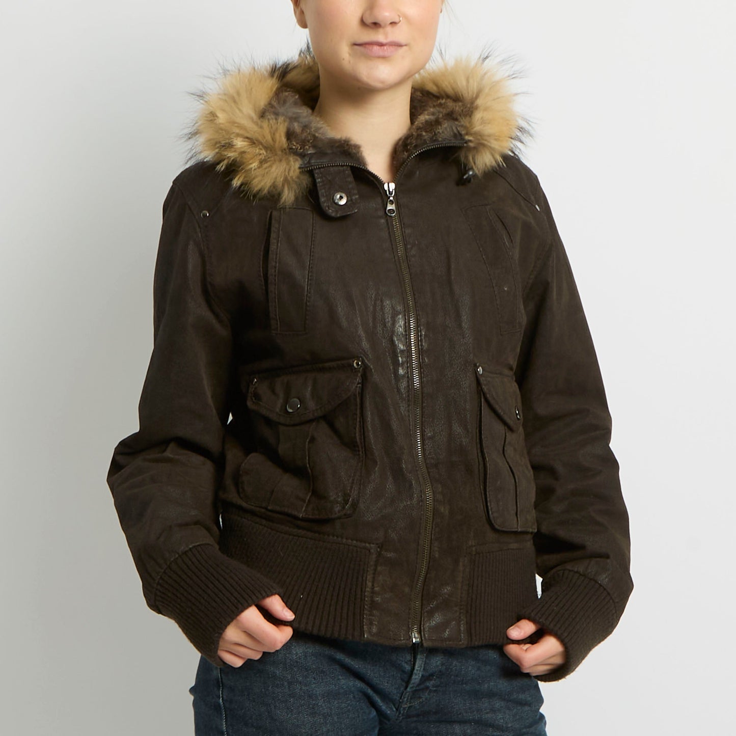 Leather Fur Hood Detail Jacket - UK 12