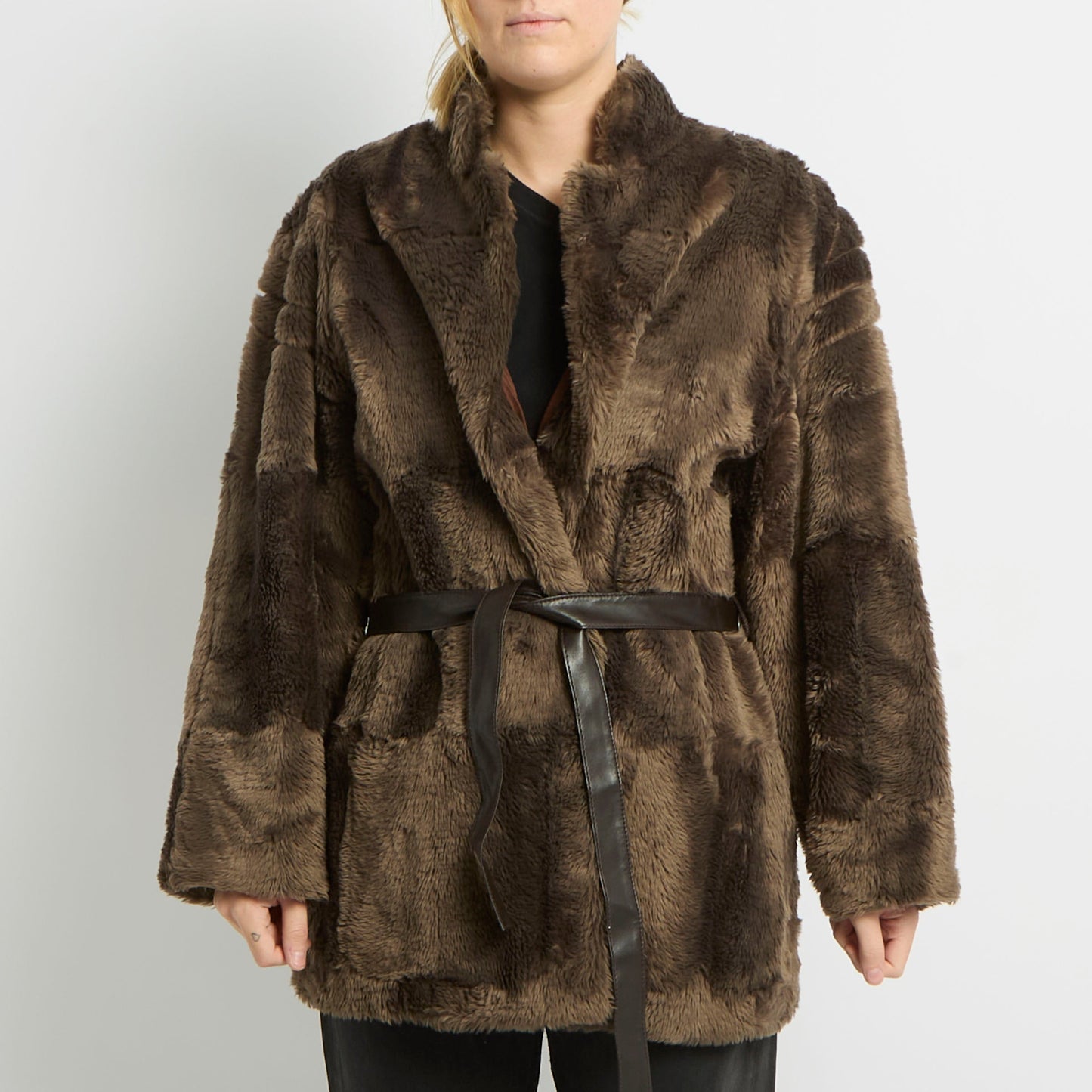 Belted Faux Fur Long Jacket - UK 12