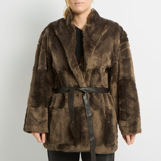 Belted Faux Fur Long Jacket - UK 12