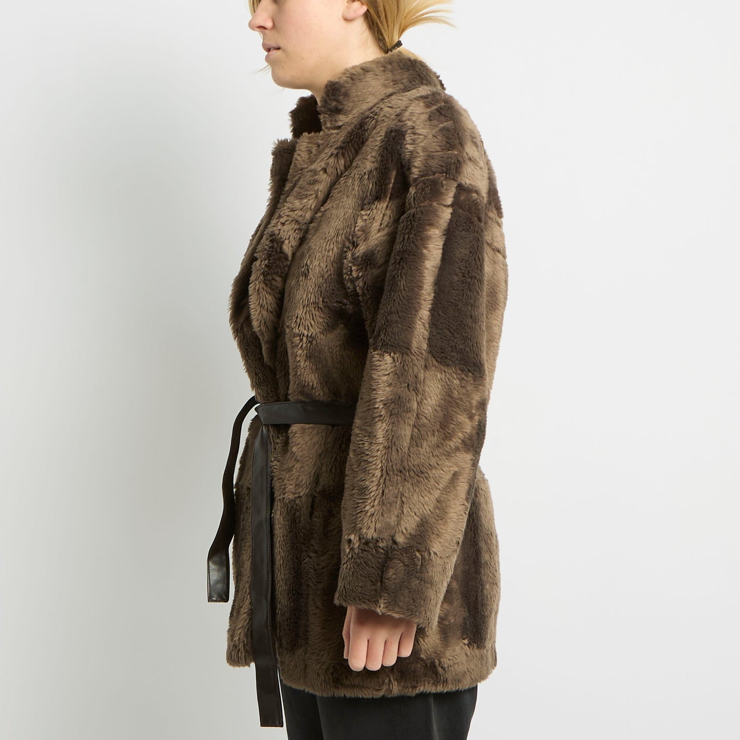 Belted Faux Fur Long Jacket - UK 12