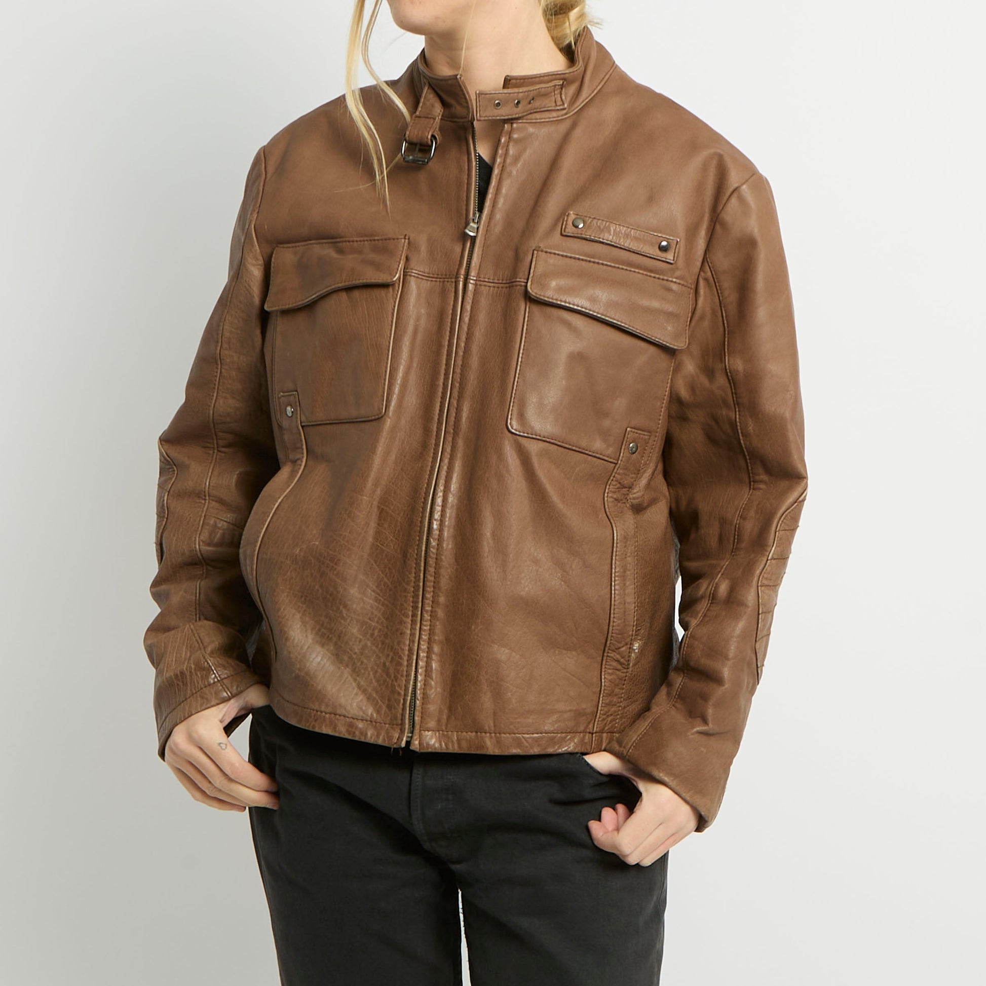 Buckle Neck Detail Leather Jacket - UK 12