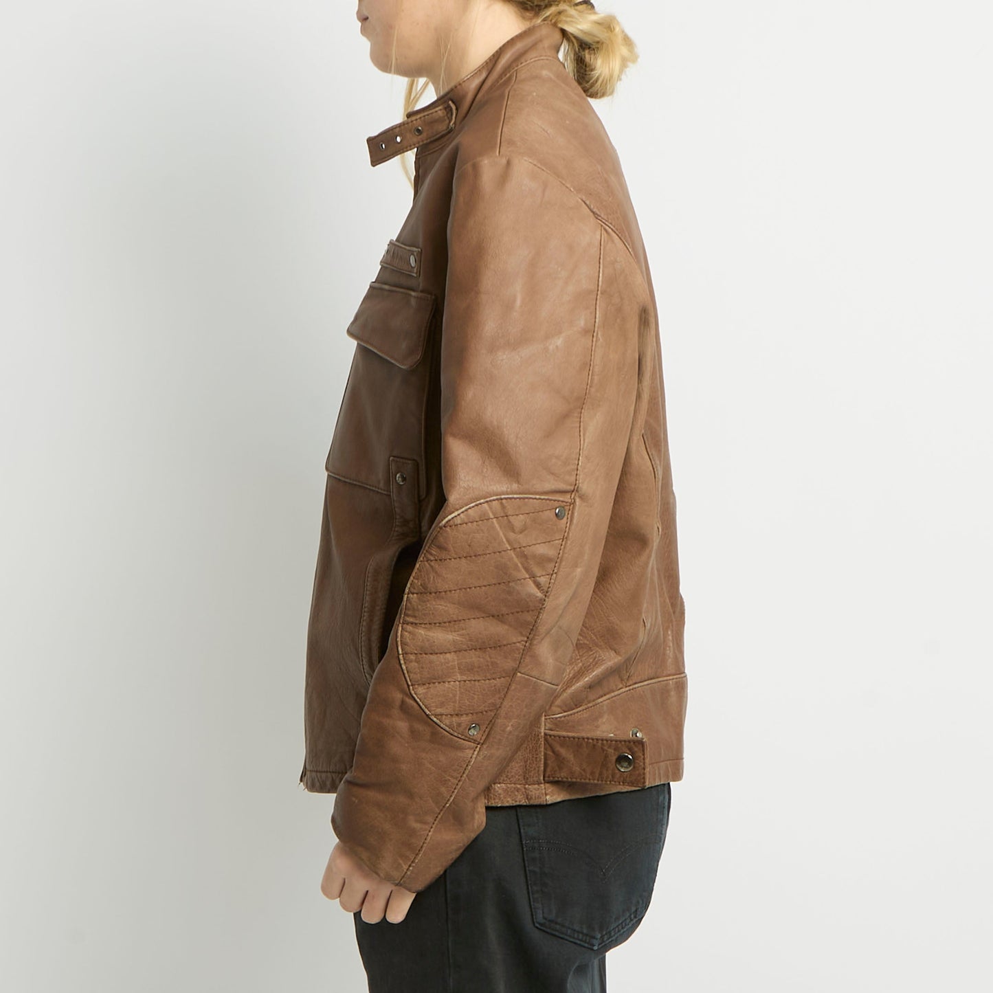 Buckle Neck Detail Leather Jacket - UK 12