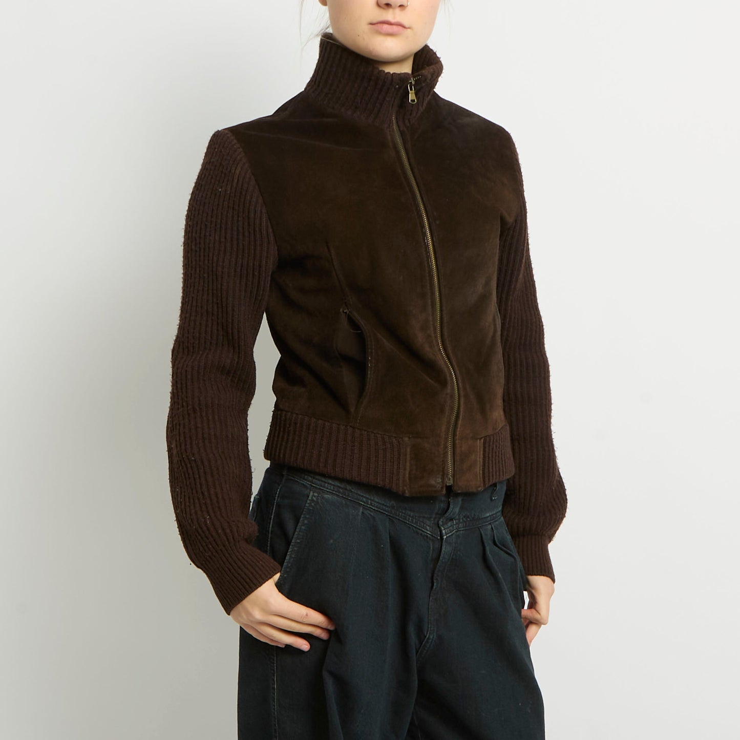 Suede Ribbed Knit Jacket - UK 12