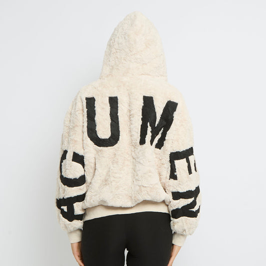 Faux Fur Graphic Hooded Bomber Jacket - UK 12