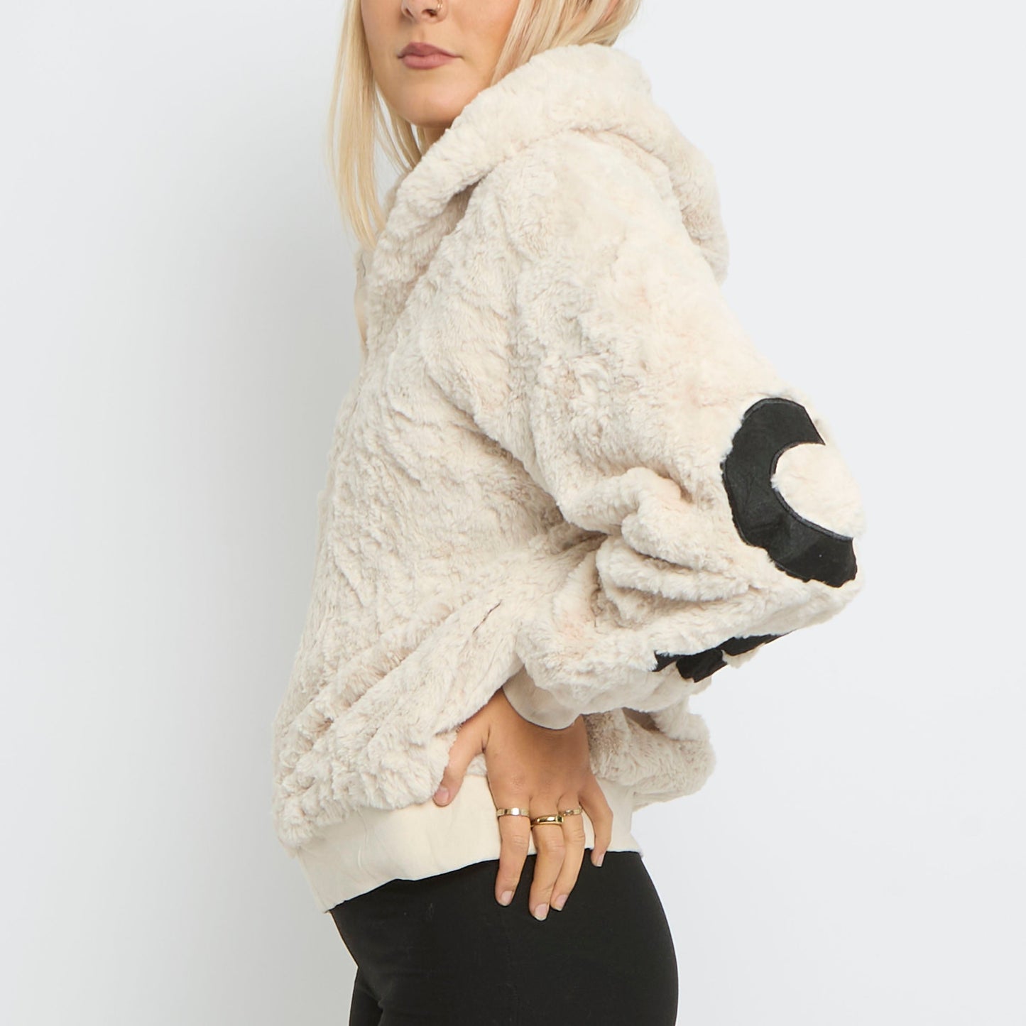 Faux Fur Graphic Hooded Bomber Jacket - UK 12