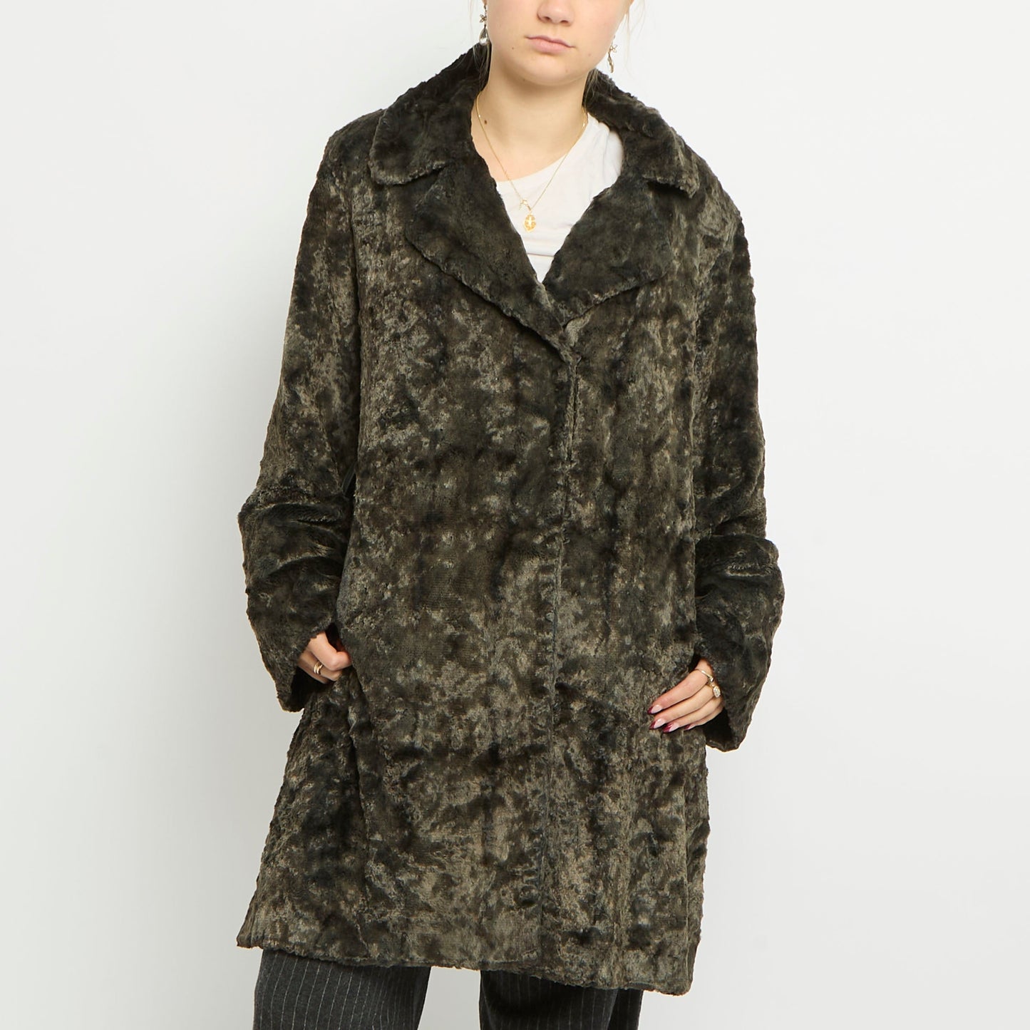 Button Up Lined Faux Fur Trench Coat - UK 12