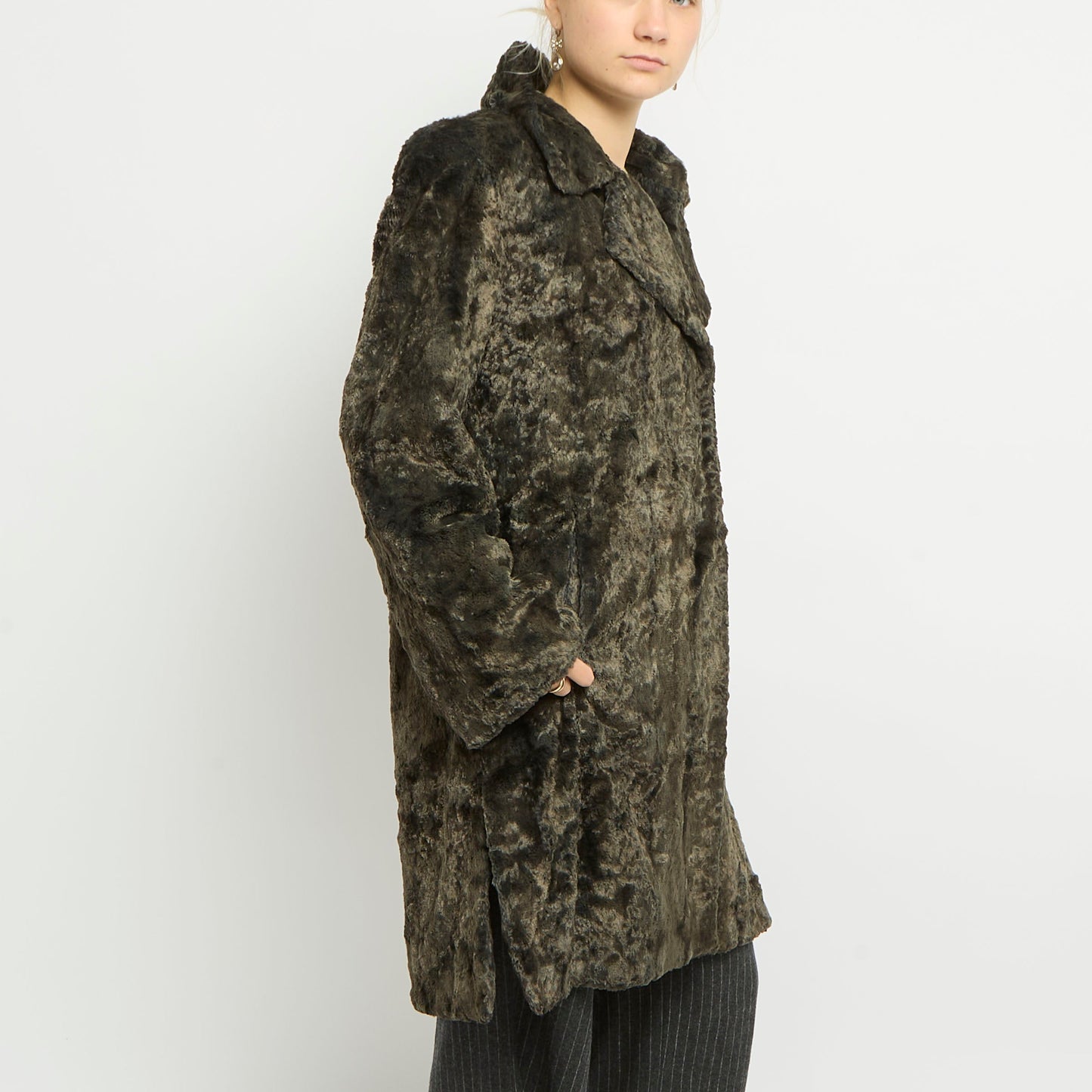 Button Up Lined Faux Fur Trench Coat - UK 12