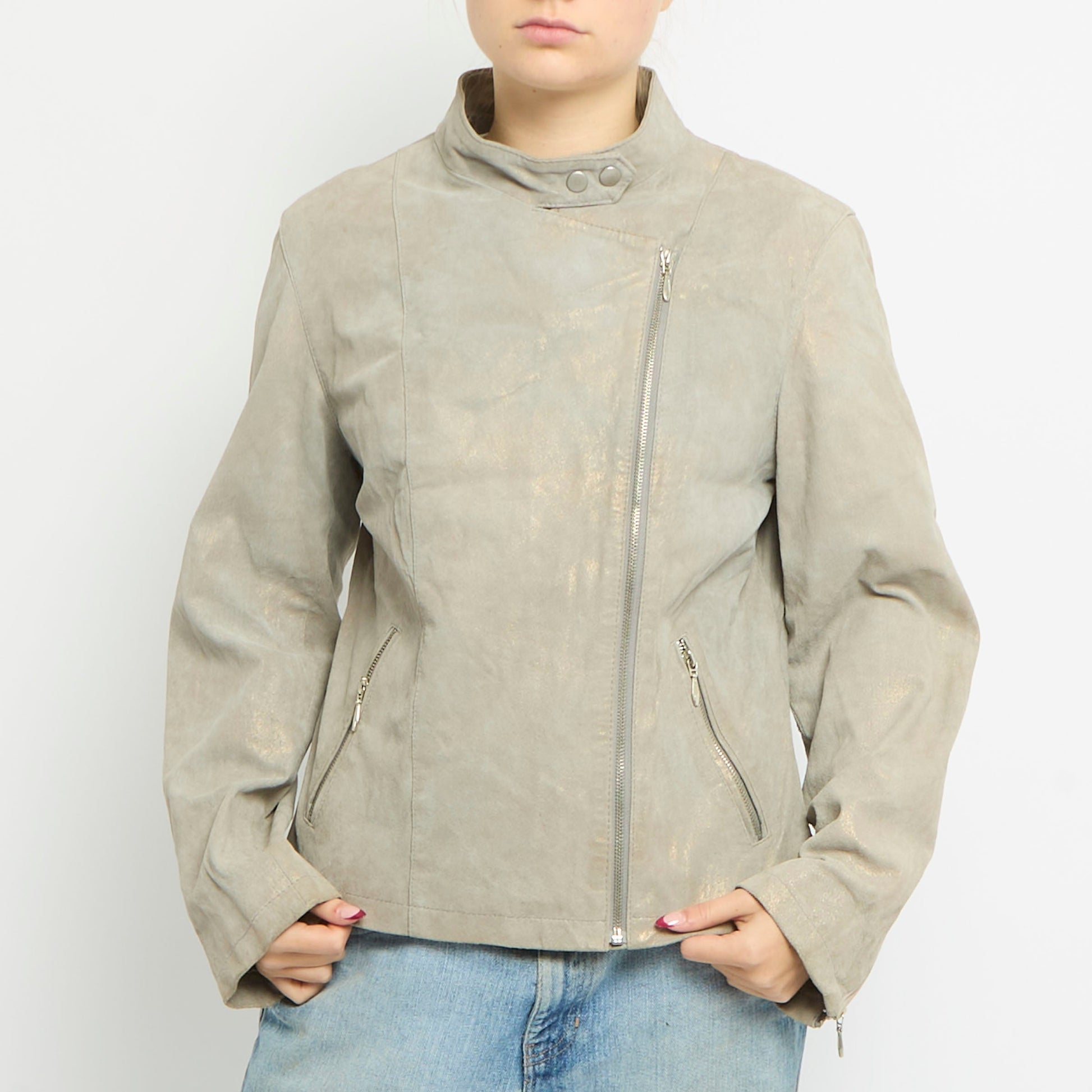 Metallic Suede Side Zip Biker Jacket - UK 12