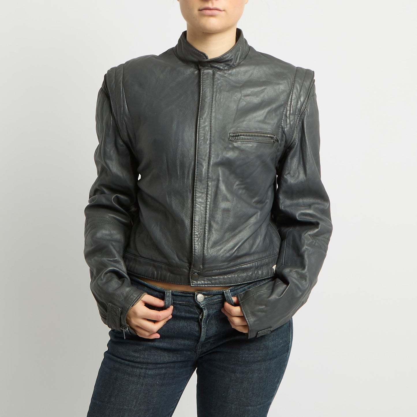 Cropped Zip Detail Leather Jacket - UK 12