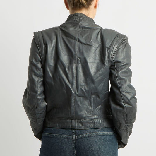 Cropped Zip Detail Leather Jacket - UK 12