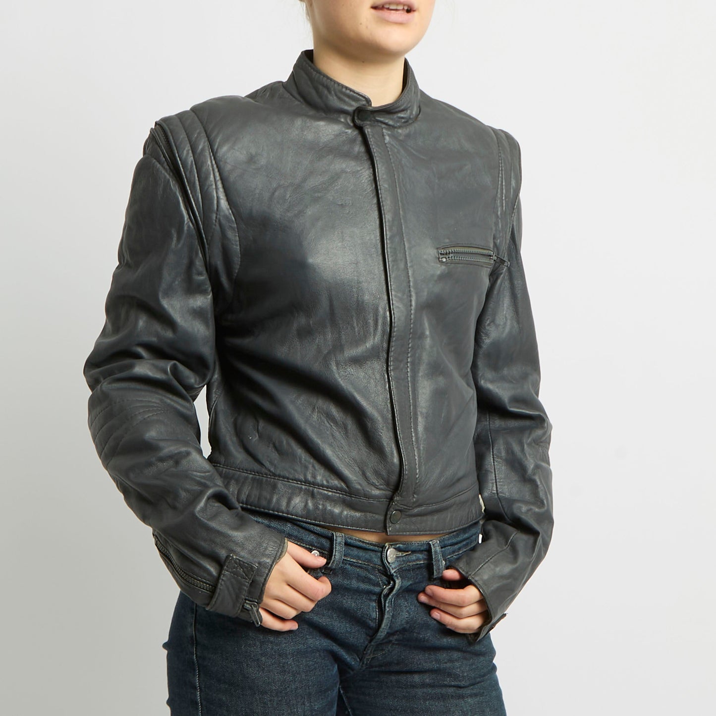 Cropped Zip Detail Leather Jacket - UK 12