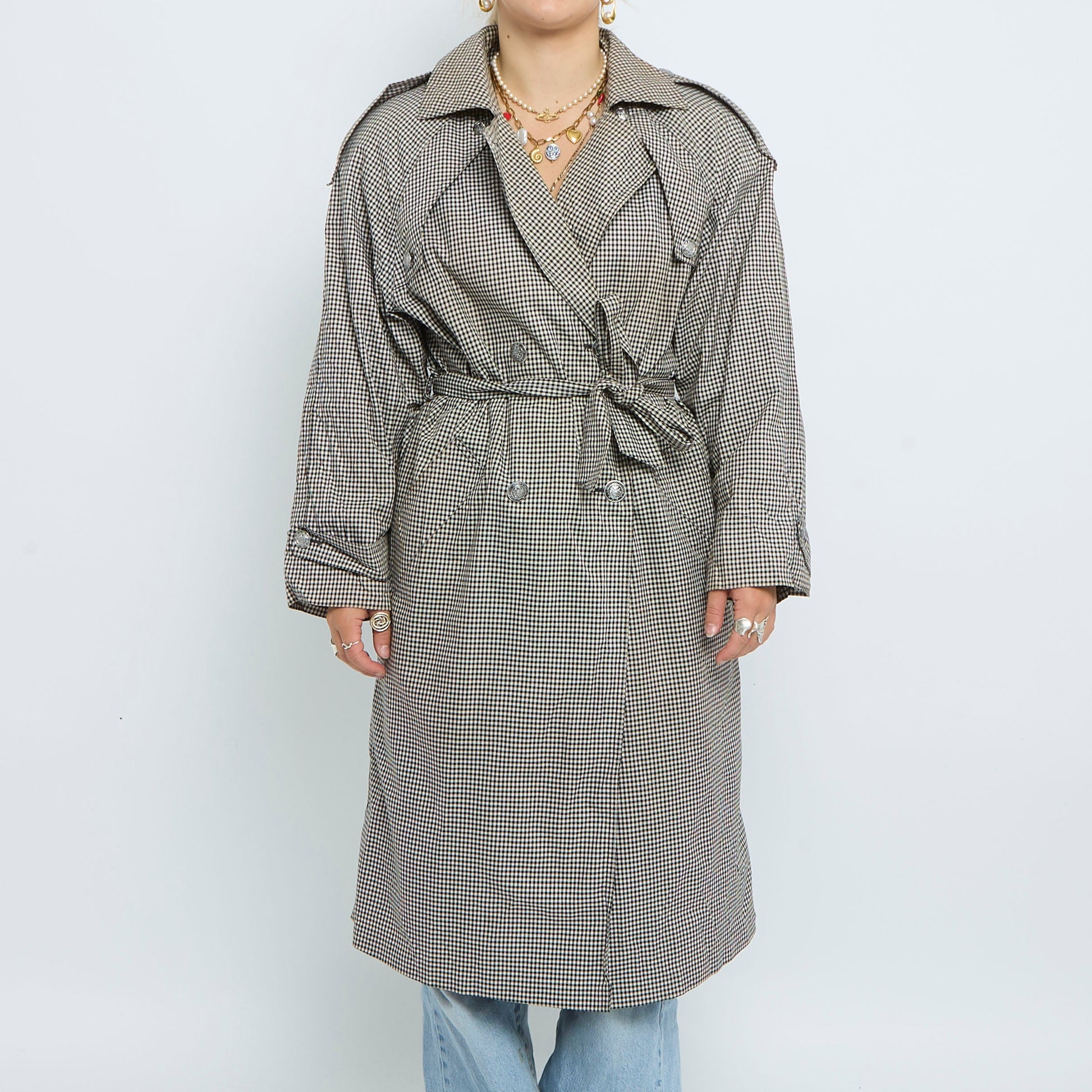 Checked Buttoned Trench Coat - UK 12