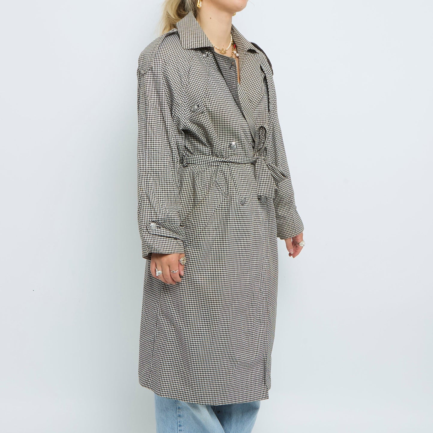 Checked Buttoned Trench Coat - UK 12