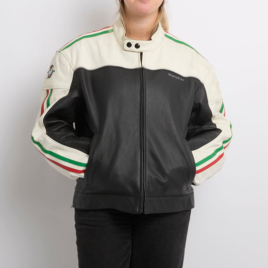 Leather Striped Two Tone Biker Jacket - UK 12