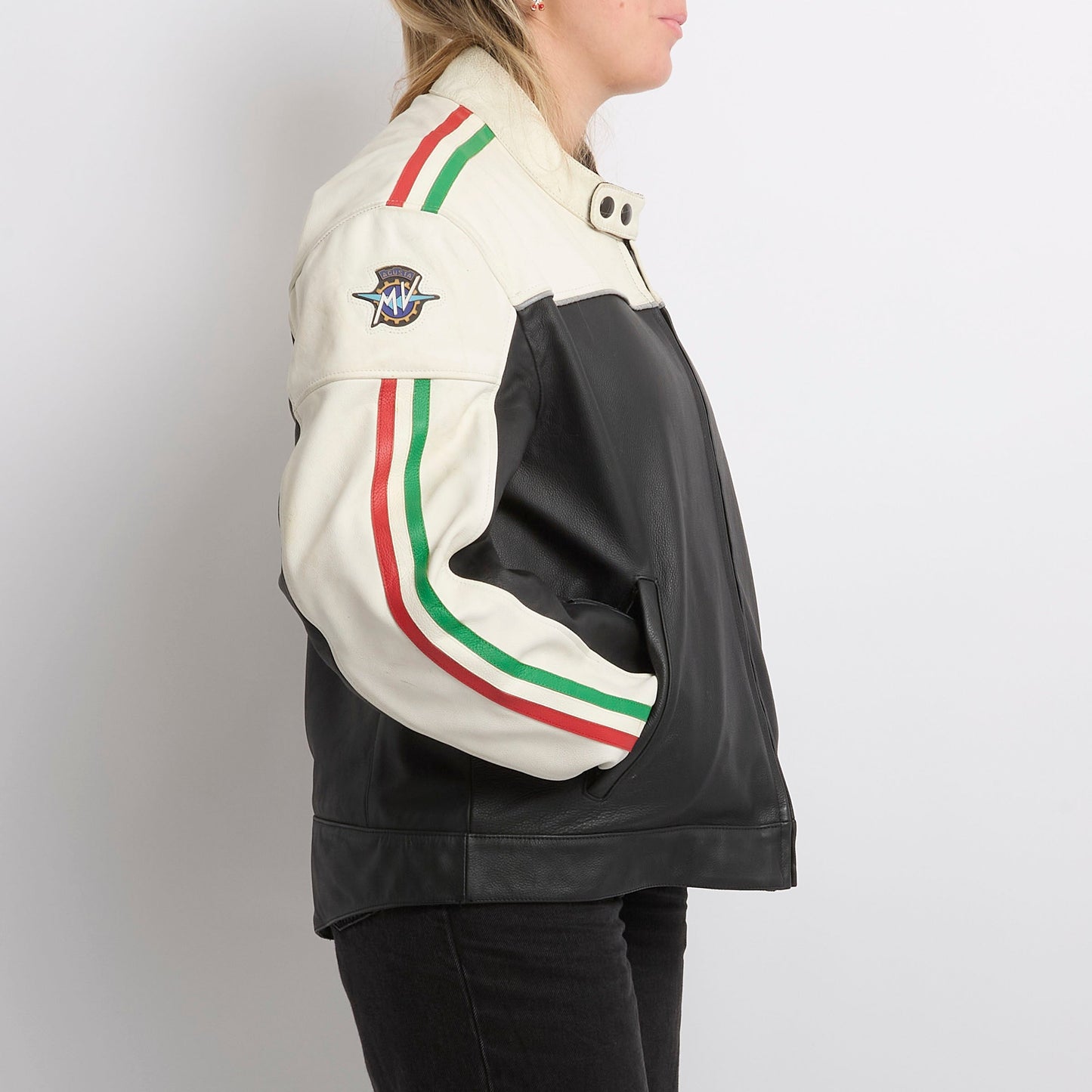 Leather Striped Two Tone Biker Jacket - UK 12