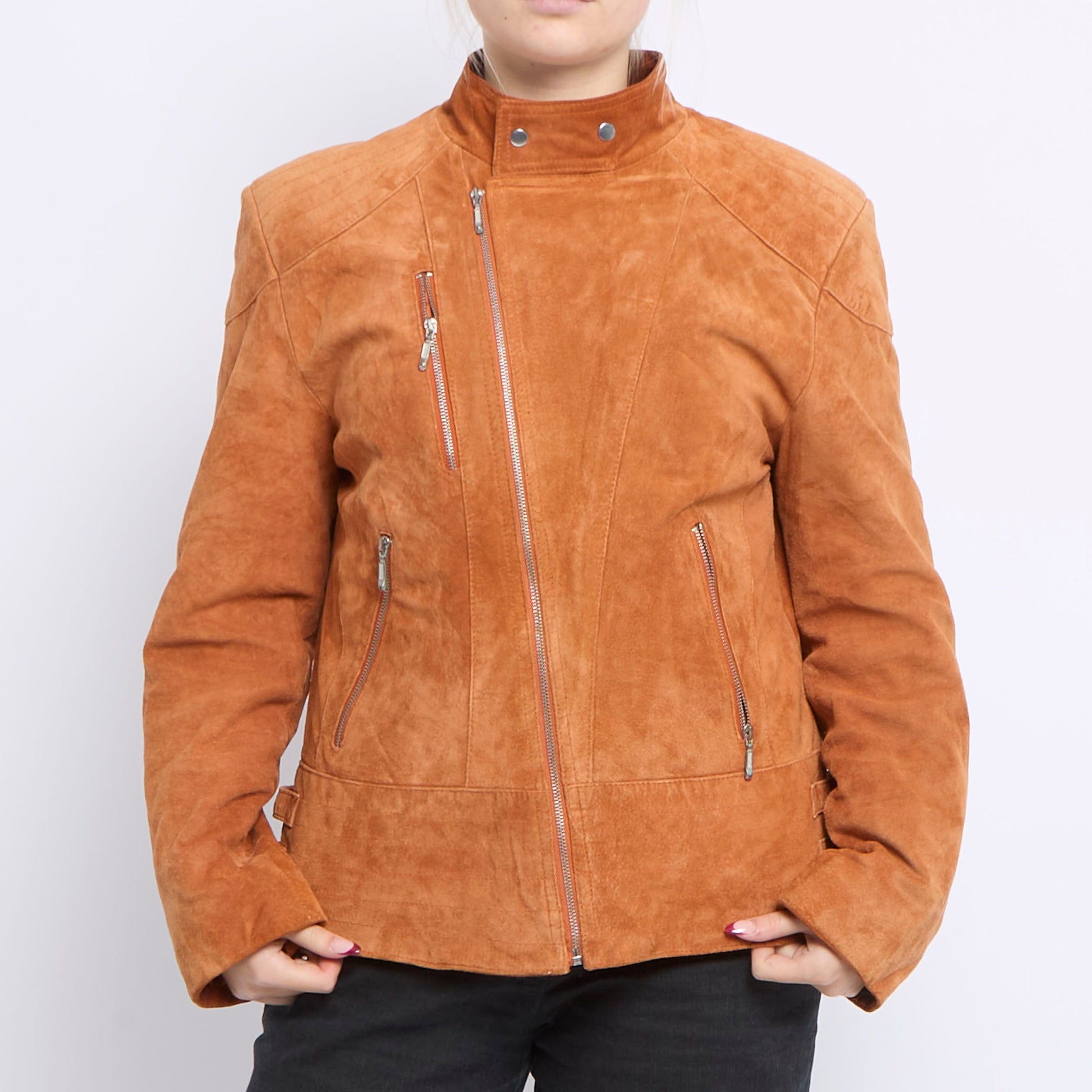 Zip Detail Fur Lined Suade Jacket - UK 12