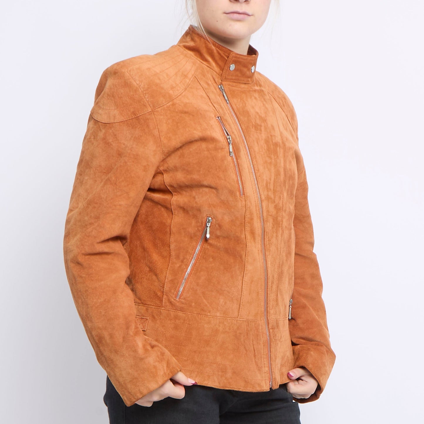 Zip Detail Fur Lined Suede Jacket - UK 12