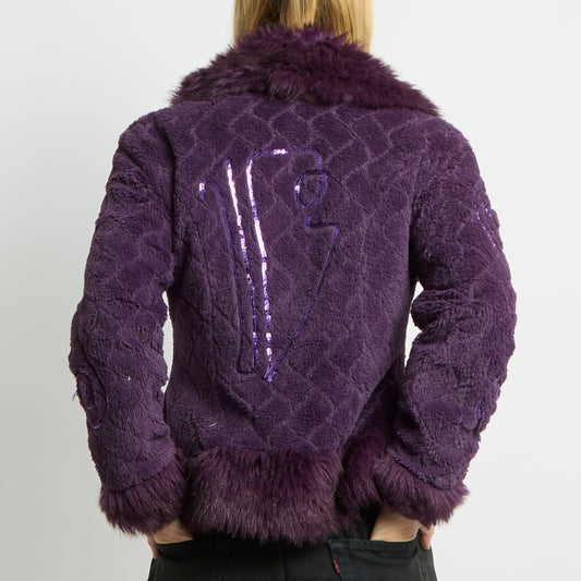 Sequin Detail Faux Fur Jacket - UK 12