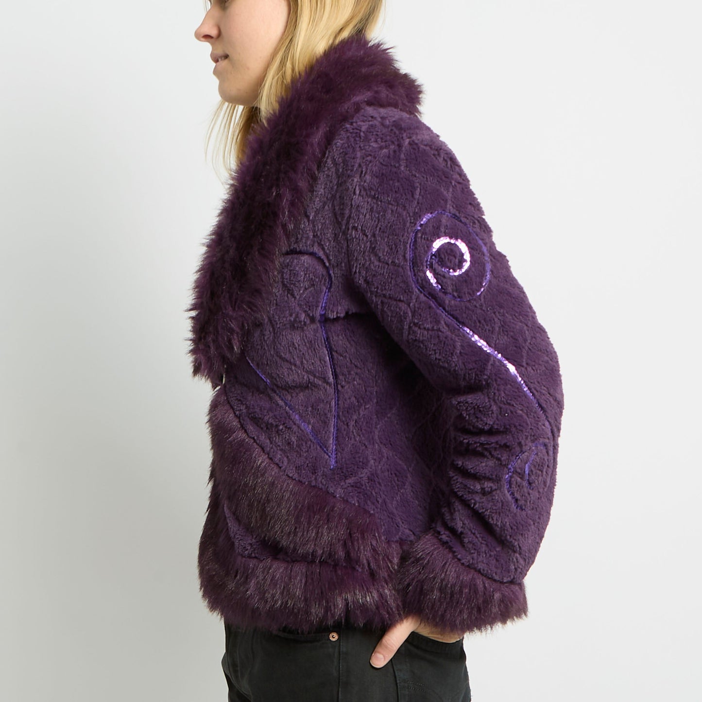 Sequin Detail Faux Fur Jacket - UK 12