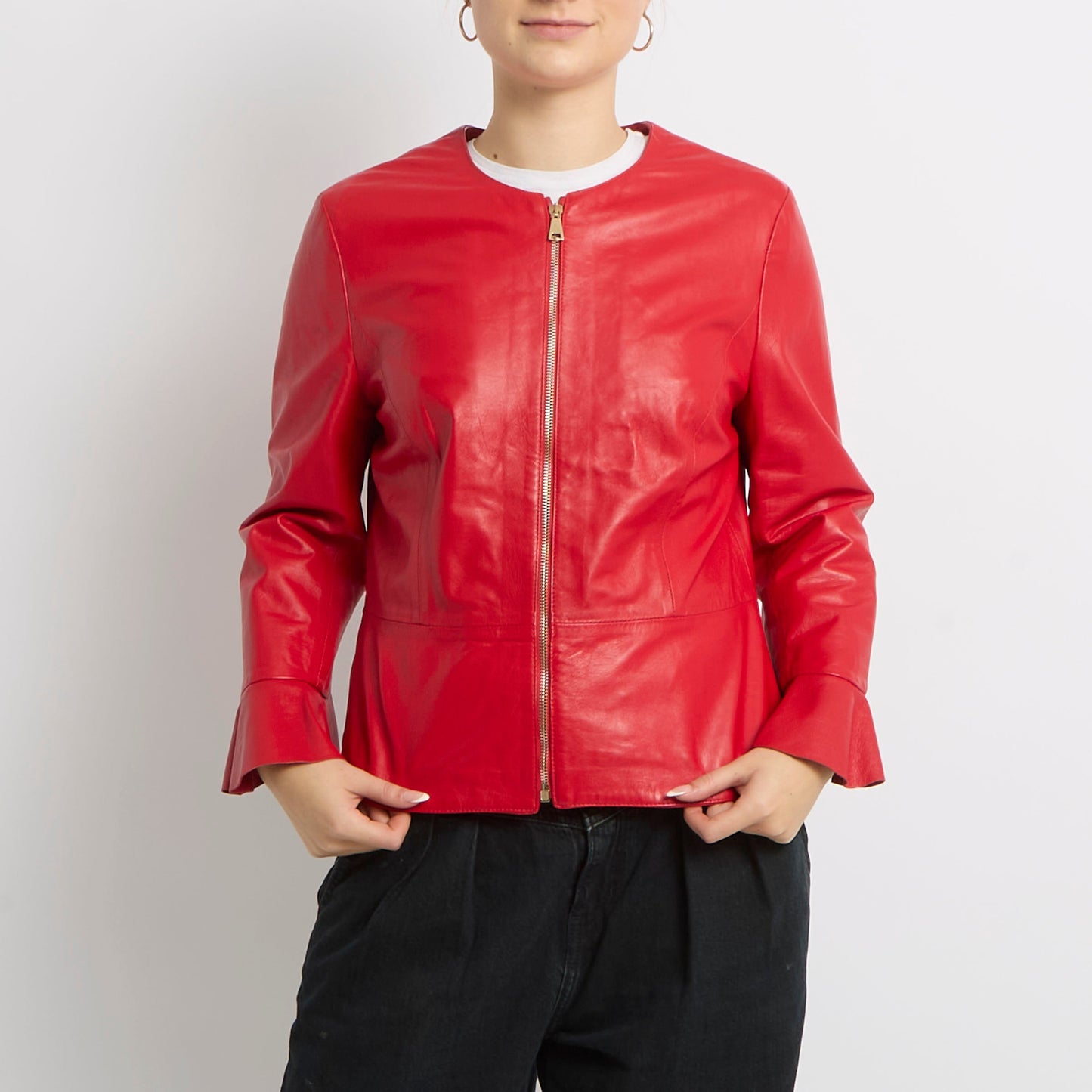 Ruffle Sleeve Detail Zip leather Jacket - UK 12