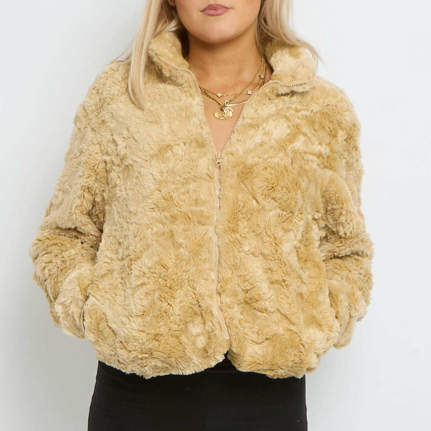 Faux Teddybear Fur Polo Neck Zip Jacket-UK 14