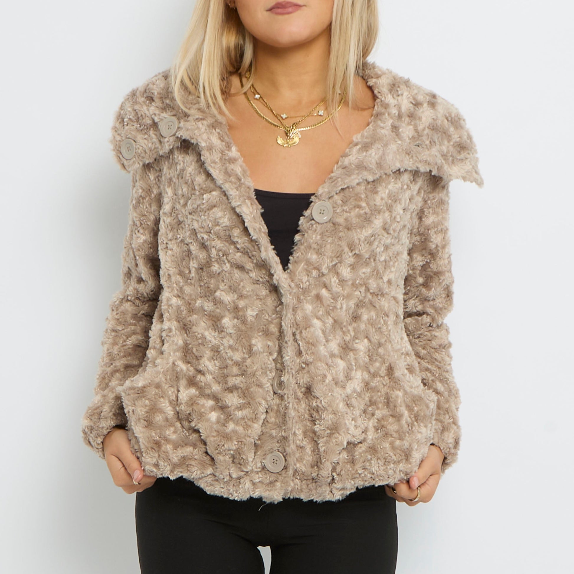 Faux Fur Large Button Polo Neck Jacket- UK 14