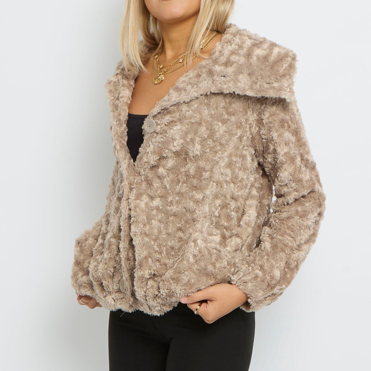 Faux Fur Shawl Collar Button Up Jacket- UK 14