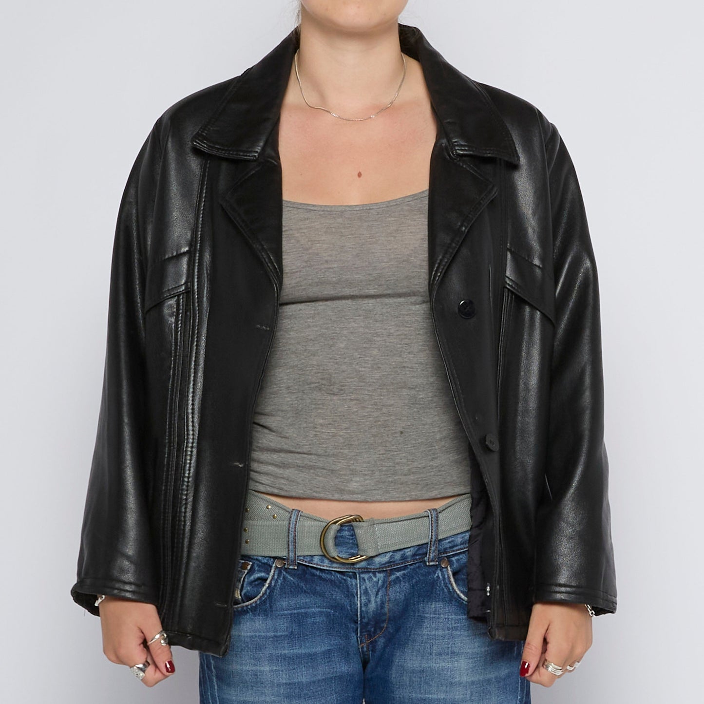 Double Breasted Buttoned Leather Jacket - UK 14