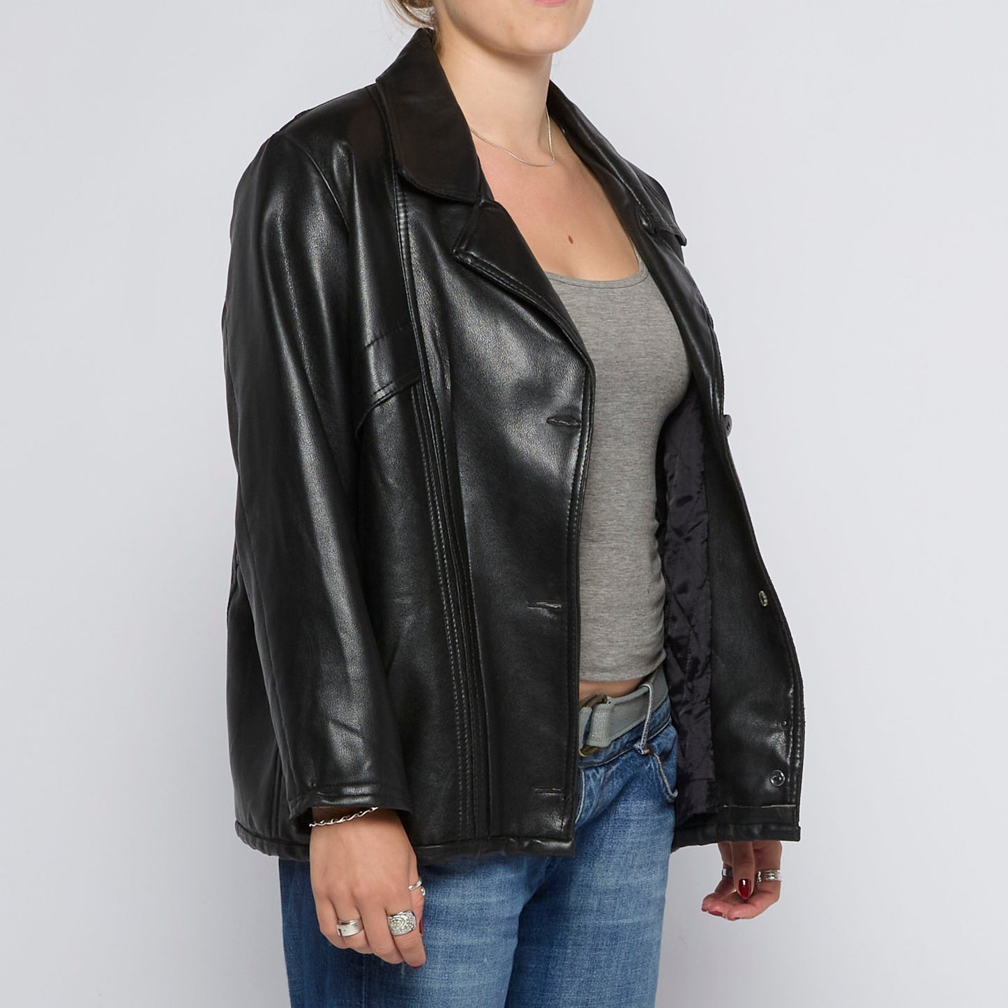 Shirt Style Buttoned Leather Jacket - UK 14