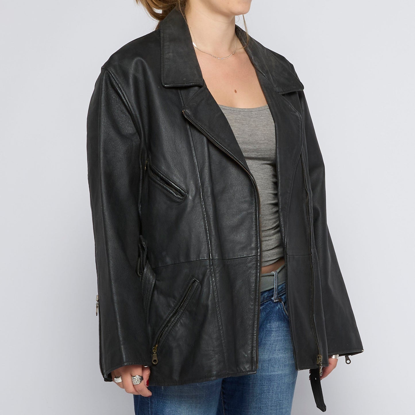 Biker Style Loose Fit Leather Jacket - UK 14