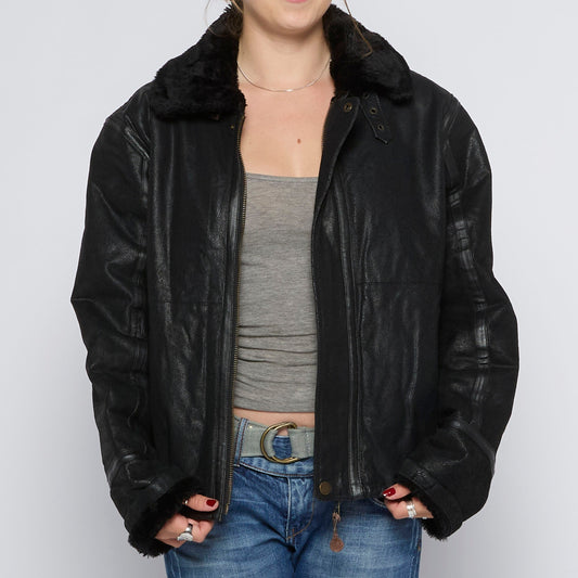 Fur Trim Leather Jacket - UK 14