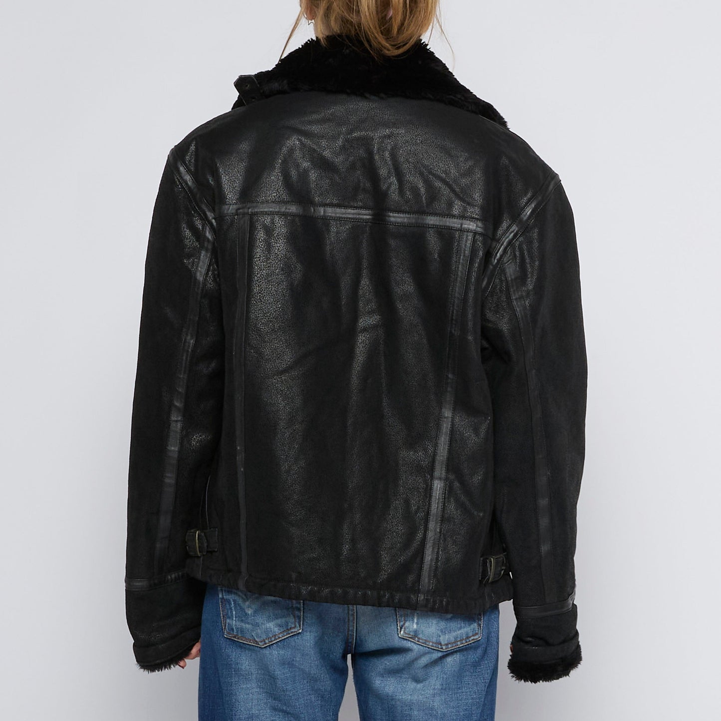 Fur Collar Vintage Leather Jacket - UK 14